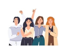 Businesswomen team achieved goal. Happy and excited female characters celebrate victory. Girl power concept for international women's day and women's history month. Vector hand drawn flat illustration