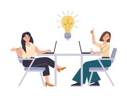 Female characters searching for new ideas and solutions. Businesswomen sitting and discussing strategy. Women team in project workflow. Brainstorming concept. Vector hand drawn flat illustration