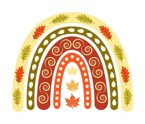 Clip art illustration of Autumn Rainbow. Rainbow in autumn, warm colours. Autumn leaves and raindrops, oak, maple, in yellow, orange and red colour pallete. Isolated elements on white background.
