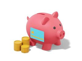 Accumulation of savings icon. 3D rendering. Pink piggy bank with stacks of coins, credit card on white background. photo