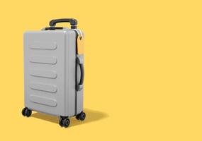 Travel luggage. Realistic gray suitcase on yellow background with space for text. 3d rendering. photo