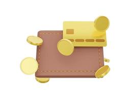 Savings, enrichment icon. Closed wallet with a credit card and flying coins on a white background. Payment concept. 3d rendering. photo