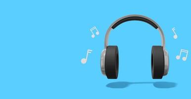 3d rendering. Realistic gray headphones with musical notes on blue background with space for text. Front view. photo