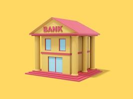 banco amarillo con techo rojo, edificio con columnas, sobre fondo amarillo. vista isométrica. representación 3d foto