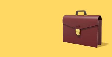 Brown briefcase on yellow background. Portfolio icon banner with space for text. 3D rendering. photo