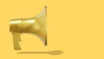 3d rendering. Golden megaphone on yellow background with space for text. Side view. photo