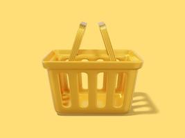 Yellow empty shopping cart. Plastic basket on yellow background. 3D rendering. photo