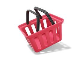 cesta voladora roja de plástico aislada en fondo blanco. carrito de compras vacío. representación 3d foto