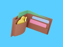 icono de pago de concepto cartera abierta con monedas, billetes y tarjetas de crédito flotando sobre un fondo azul. representación 3d foto