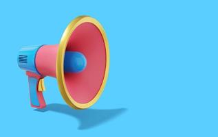Multicolored megaphone on blue background with space for text. Sound amplification device. 3d rendering. photo