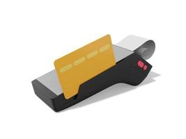 dispositivo para pago nfc. terminal pos gris negro con tarjeta de crédito y cheque. máquina moderna para pago sin efectivo. representación 3d en el fondo blanco. foto