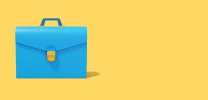 Blue briefcase on yellow background. Front view. Portfolio icon banner with space for text. 3D rendering. photo