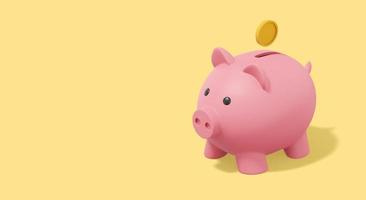 Accumulation of savings icon. Banner, space for text. 3D rendering. Pink piggy bank with falling coins on yellow background. photo