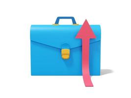 Blue briefcase with rising red arrow on white background. Front view. Portfolio icon. 3D rendering. photo