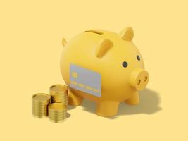 Accumulation of savings icon. 3D rendering. Yellow piggy bank with stacks of coins, credit card on yellow background. photo