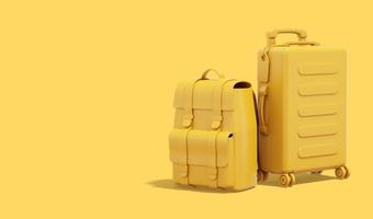 3d rendering. Yellow suitcase and tourist backpack on yellow background with place for text. photo