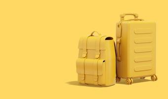 3d rendering. Yellow suitcase and tourist backpack on yellow background with place for text. photo