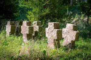 Very old tombstones made of red sandstone overgrown with grass and weeds photo