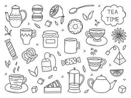 Hand drawn set of Tea time doodle icons. Teapots, cups, lemon and sweets in sketch style. Vector illustration