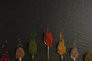 spices concept a spoon of red beans, peppers, cayenne, curry powder, caraway seeds, and green beans placed on the dark black ground photo