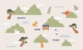 2023 feliz año nuevo. lindos conejos corren en el patrón de montañas y árboles tradicionales. ilustración vectorial de estilo de diseño plano. vector