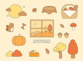 los objetos que representan el otoño están dispuestos alrededor de la ventana. ilustración vectorial de estilo de diseño plano. vector