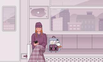 una niña está sentada en un asiento del metro y mira su teléfono. ella tiene una bolsa tirada a su lado. la ciudad es visible en el fondo. ilustración vectorial de estilo de diseño plano. vector