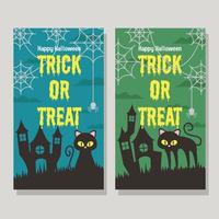 Black cat in front of spooky house in illustration of happy halloween banner vector