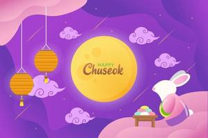 ilustración de chuseok feliz con lindo conejo mirando a la luna con linternas y pastel vector