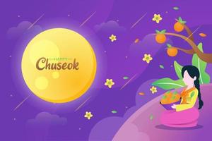 Illustration of woman sitting while staring to the moon under orange tree and flowers while celebrate Chuseok day vector