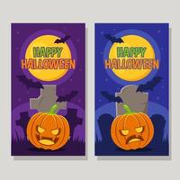 pumpkin in the graveyard for happy halloween illustration banner vector