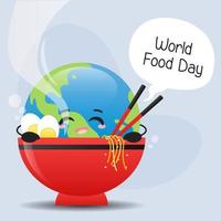 mundo lindo feliz en tazón de fideos en el vector de ilustración del día mundial de la alimentación