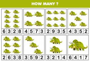 Education game for children counting how many objects in each table of cute cartoon prehistoric dinosaur triceratops printable worksheet vector