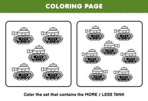 Education game for children coloring page more or less picture of cute cartoon tank line art set printable transportation worksheet vector