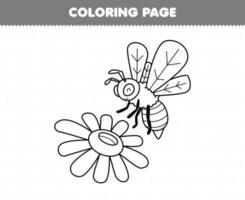 Education game for children coloring page of cute cartoon bee and flower line art printable farm worksheet vector