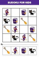 juego educativo para niños sudoku para niños con dibujos animados lindo gato negro hechizo libro escoba bruja disfraz halloween hoja de trabajo imprimible vector