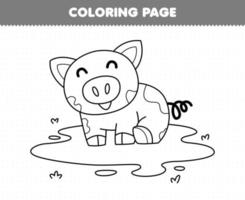 Education game for children coloring page of cute cartoon pig playing mud line art printable farm worksheet vector