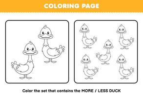 Education game for children coloring page more or less picture of cute cartoon duck line art set printable worksheet vector