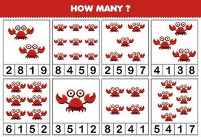 Education game for children counting how many objects in each table of cute cartoon crab animal printable worksheet vector