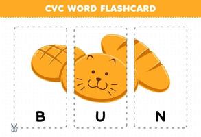 Education game for children learning consonant vowel consonant word with cute cartoon BUN bread illustration printable flashcard vector