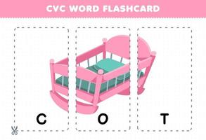 Education game for children learning consonant vowel consonant word with cute cartoon COT illustration printable flashcard vector