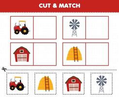 Education game for children cut and match the same picture of cute cartoon tractor windmill barn haystack printable farm worksheet vector