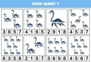 Education game for children counting how many objects in each table of cute cartoon prehistoric dinosaur plesiosaurus printable worksheet vector