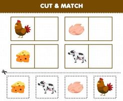 juego educativo para niños corta y combina la misma imagen de la linda caricatura carne de pollo queso vaca hoja de trabajo de granja imprimible vector