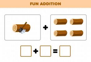 Education game for children fun addition by counting cute cartoon wood log and ax pictures printable farm worksheet vector