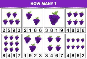 Education game for children counting how many objects in each table of cute cartoon grape fruit printable worksheet vector