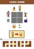 juego educativo para niños rompecabezas de lógica construir el camino para el disfraz de niño calabaza mover a la cesta dulces hoja de trabajo imprimible de halloween vector