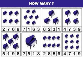 juego educativo para niños contando cuántos objetos en cada tabla de dibujos animados instrumento musical piano hoja de trabajo imprimible vector