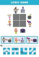 Education game for children logic puzzle build the road for wizard queen and clown costume halloween printable worksheet vector