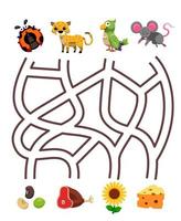 juego de rompecabezas de laberinto para niños pareja de dibujos animados lindo mariquita guepardo periquito ratón con la hoja de trabajo imprimible de comida correcta vector